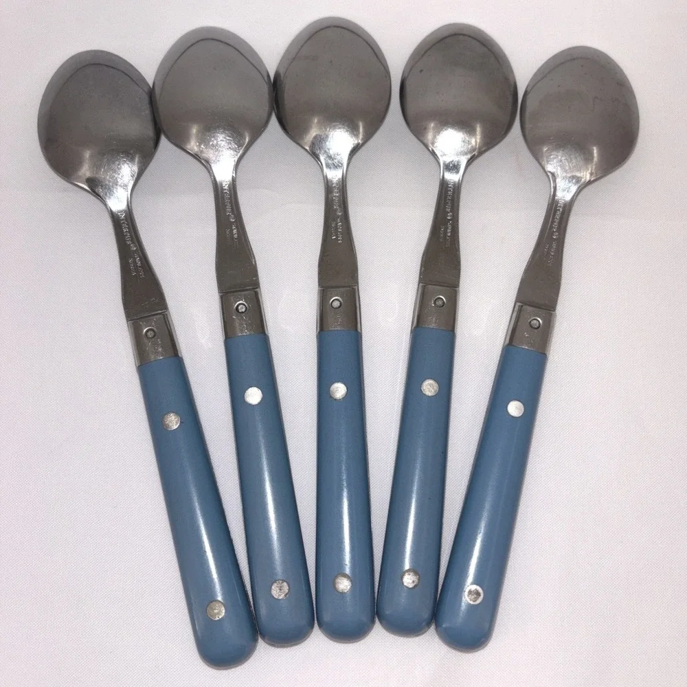 Interpur Korea Stainless Flatware Blue Handle Soup Spoons Lot Of 5 Vintage MCM